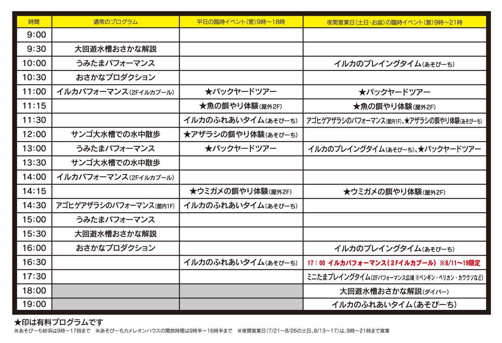 2018夏のアトラクションスケジュール